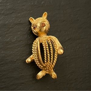 Vintage Gold Tone Teddy Bear Rhinestone Accent Eyes Brooch Pin